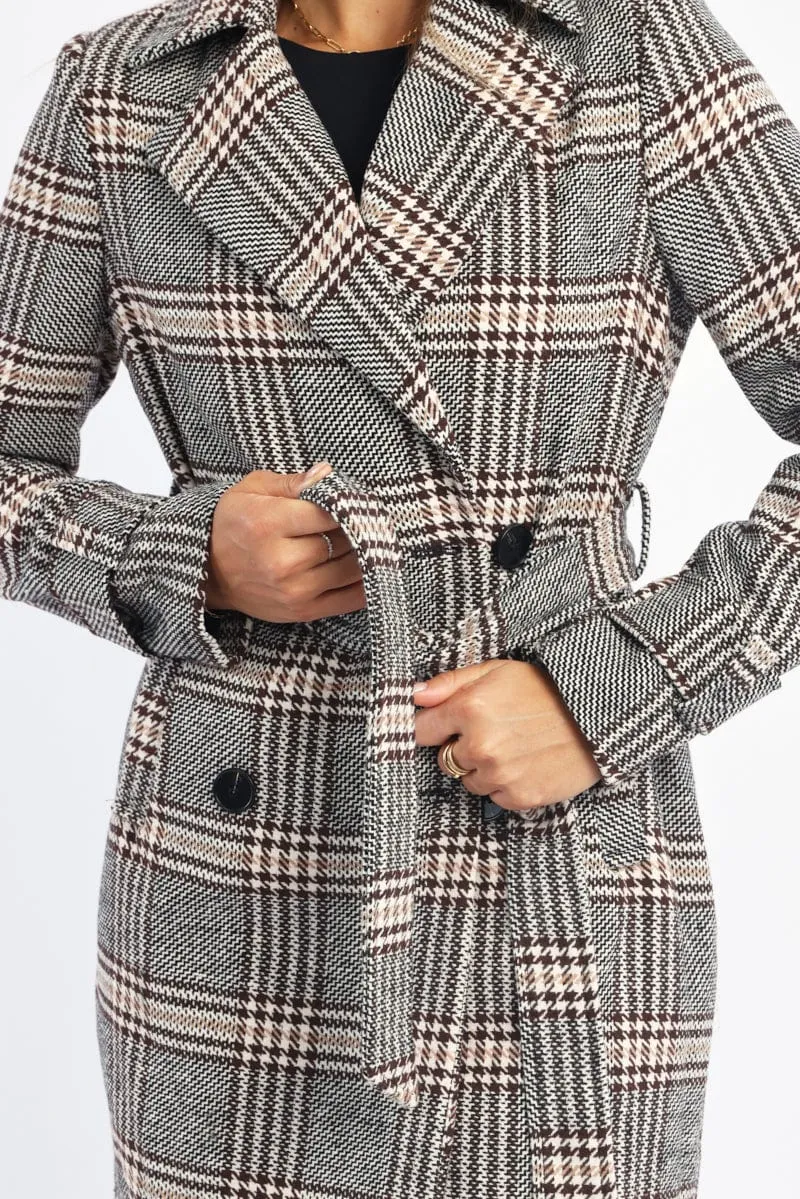 Black Check Belted Coat Knee Length Long Sleeve