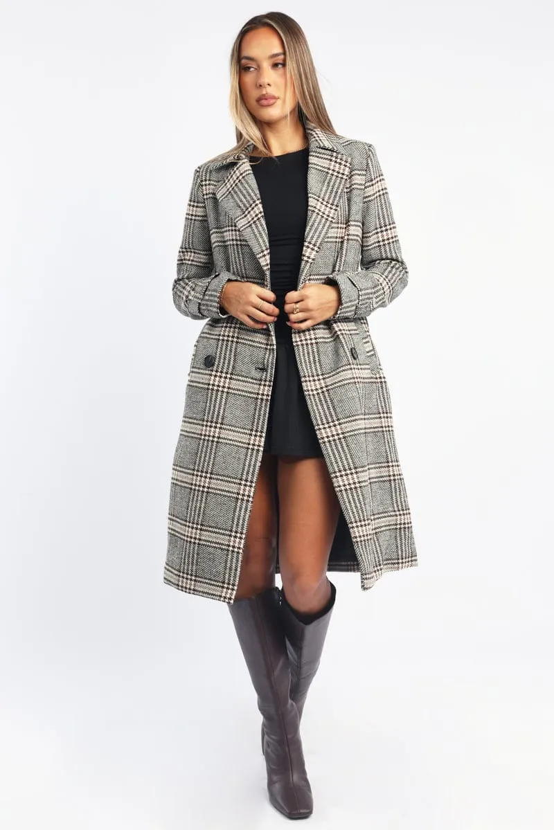 Black Check Belted Coat Knee Length Long Sleeve
