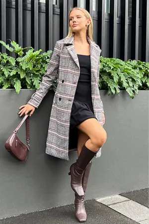 Black Check Belted Coat Knee Length Long Sleeve