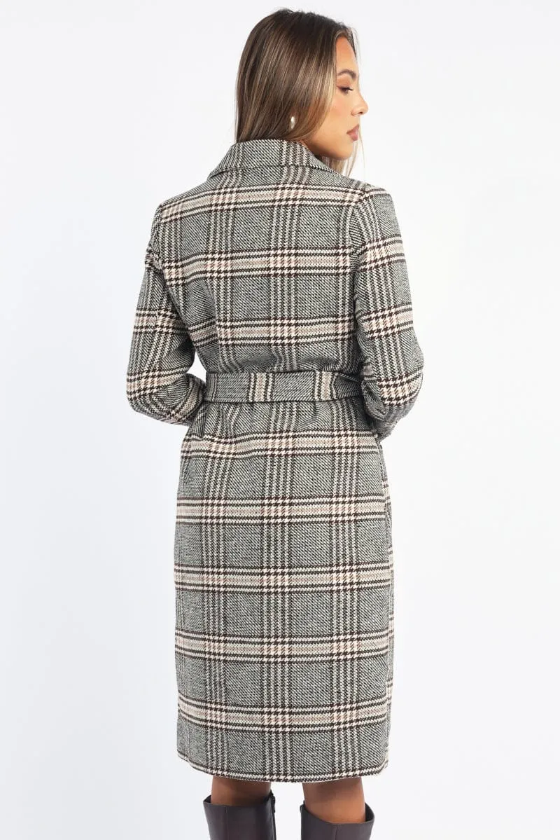 Black Check Belted Coat Knee Length Long Sleeve