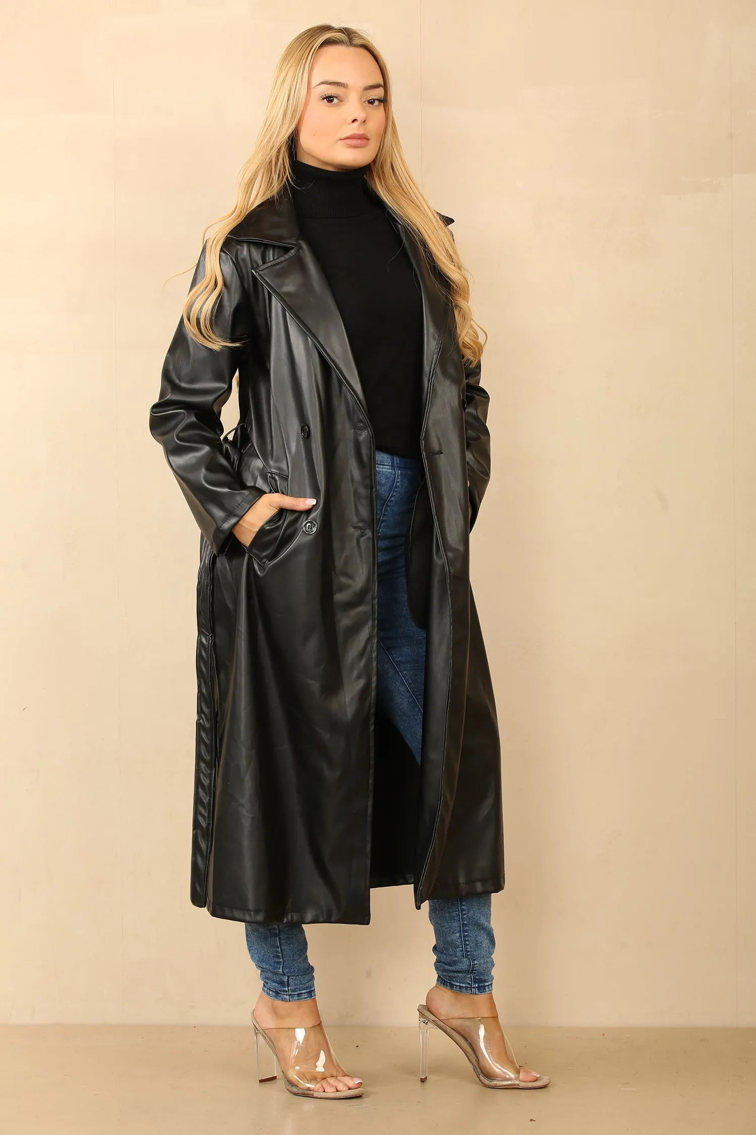 Black Faux Leather Trench Coat