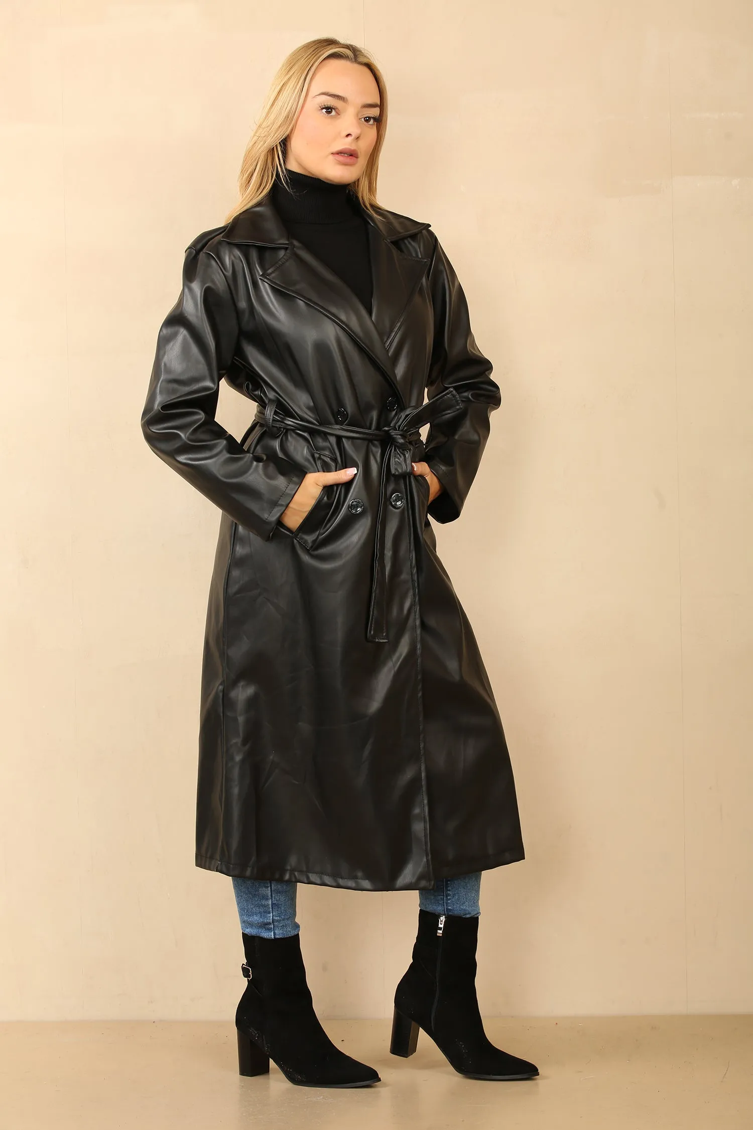 Black Faux Leather Trench Coat