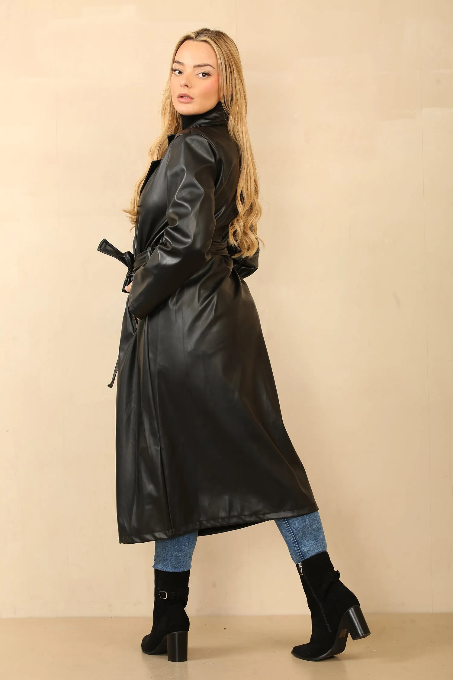 Black Faux Leather Trench Coat