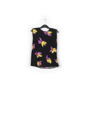 Black floral-print sleeveless top with padded shoulders