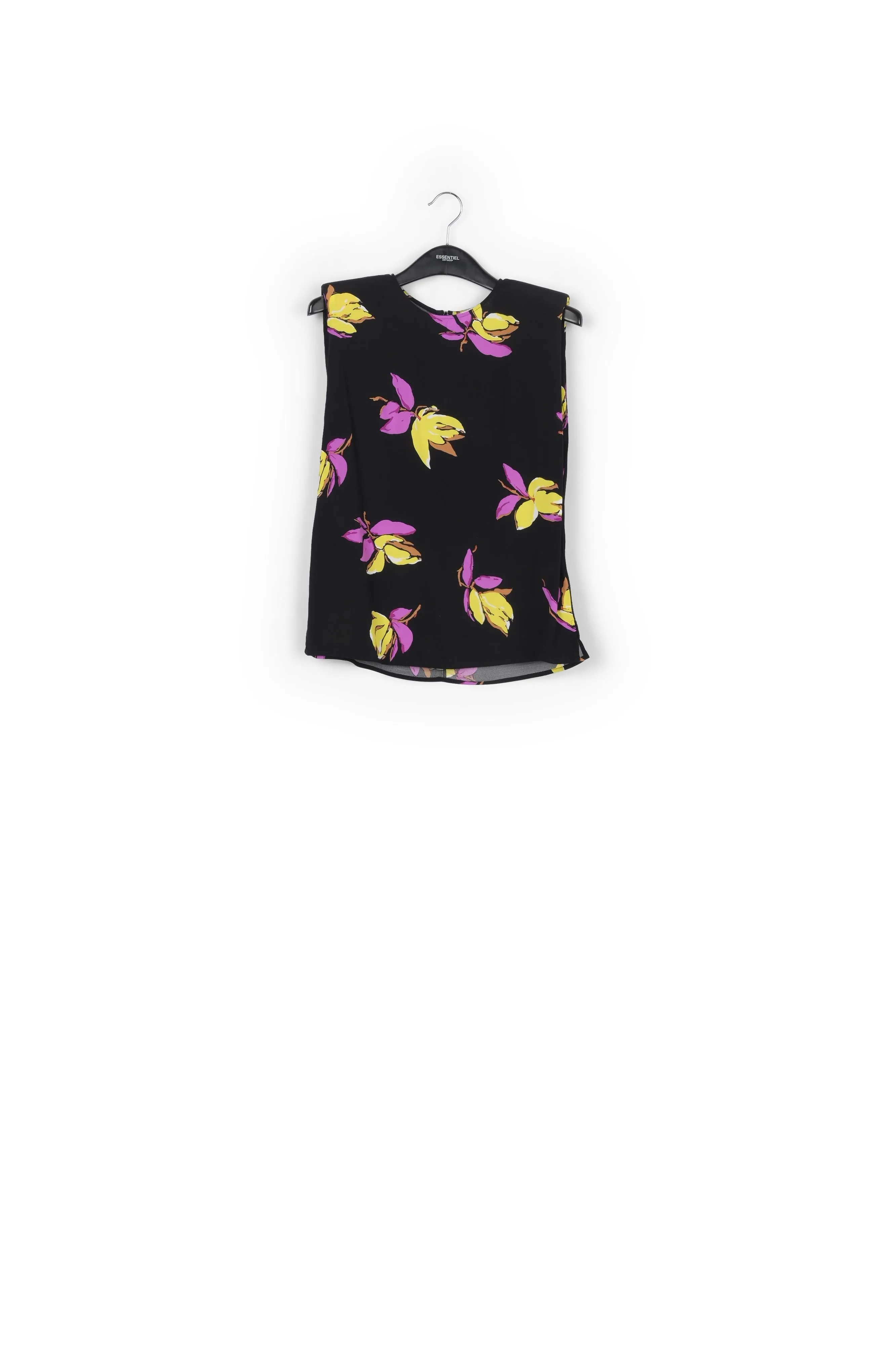 Black floral-print sleeveless top with padded shoulders
