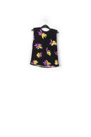 Black floral-print sleeveless top with padded shoulders