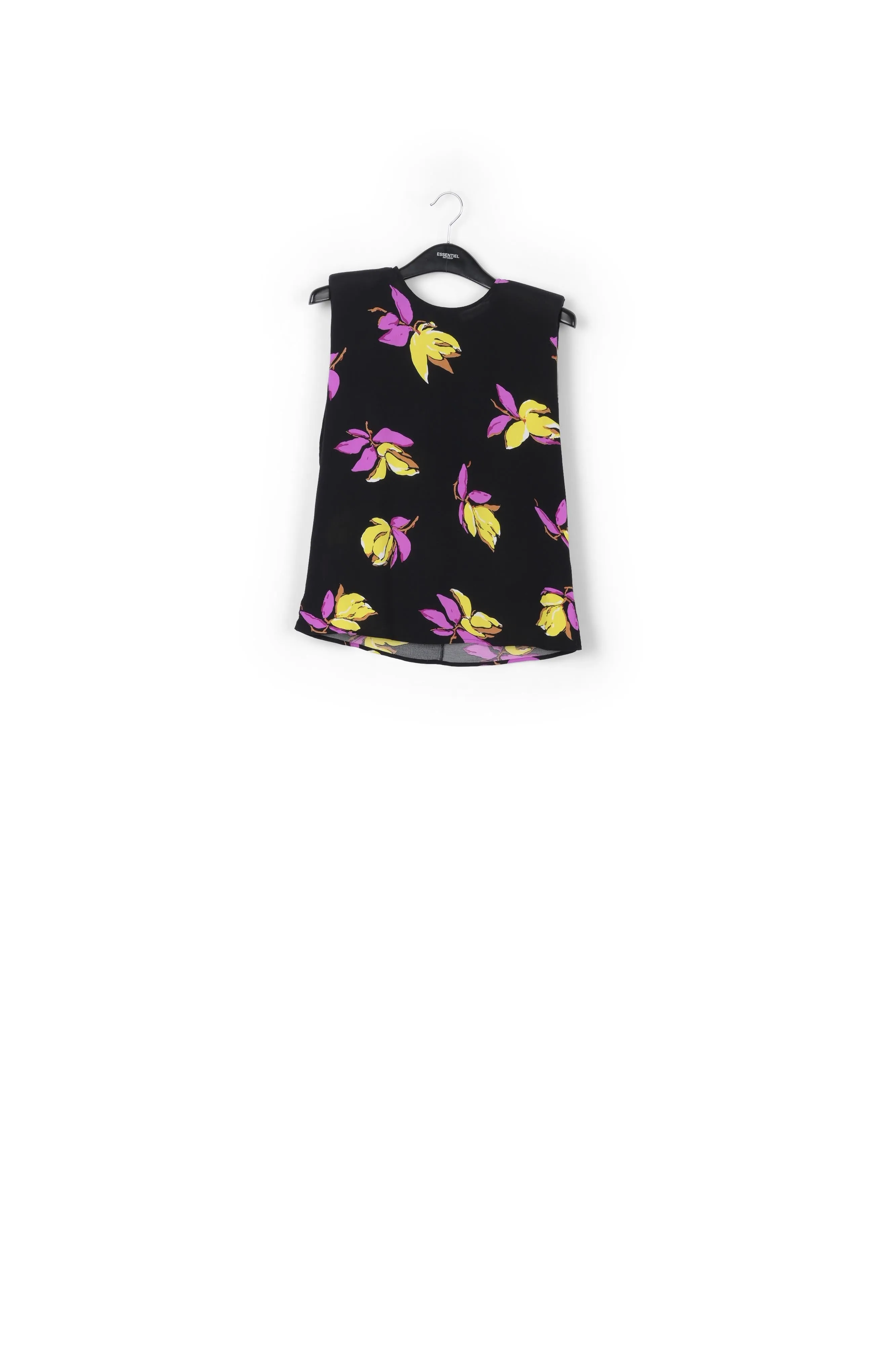 Black floral-print sleeveless top with padded shoulders
