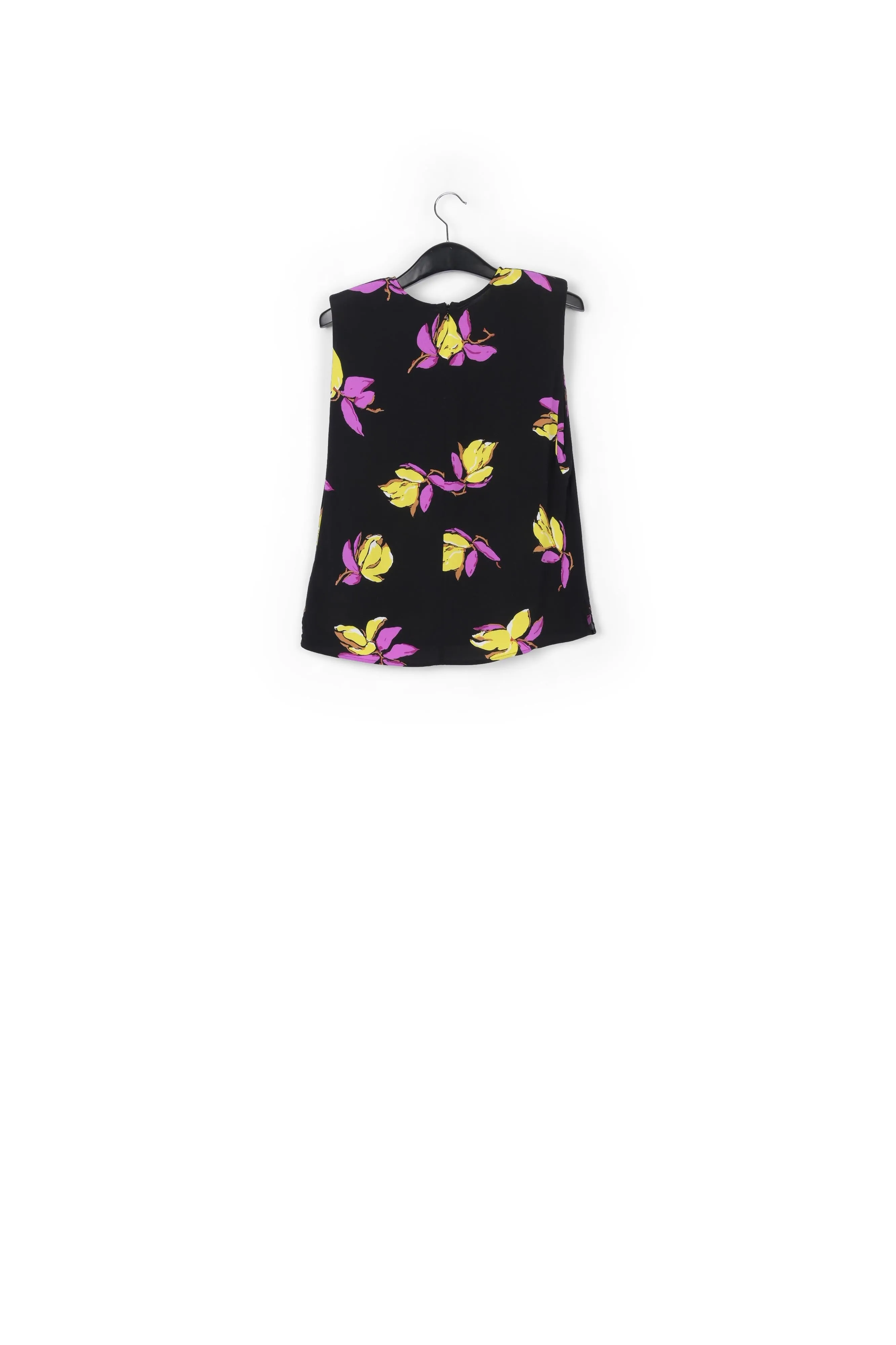 Black floral-print sleeveless top with padded shoulders
