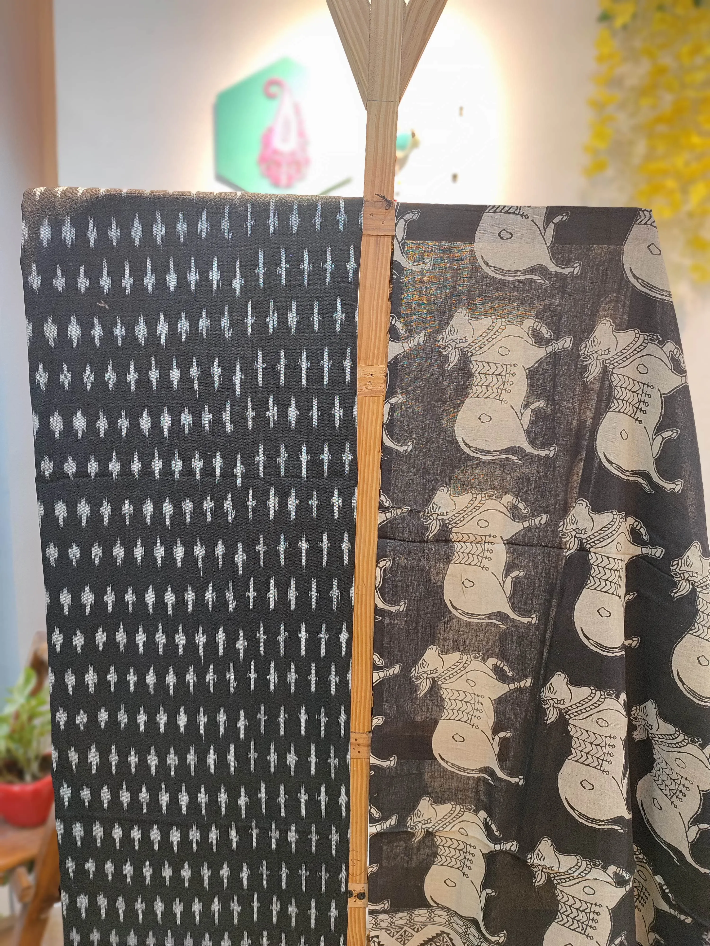 Black Ikkat Suit with Black Kalamkari Cotton Pant and Multicolor Dupatta