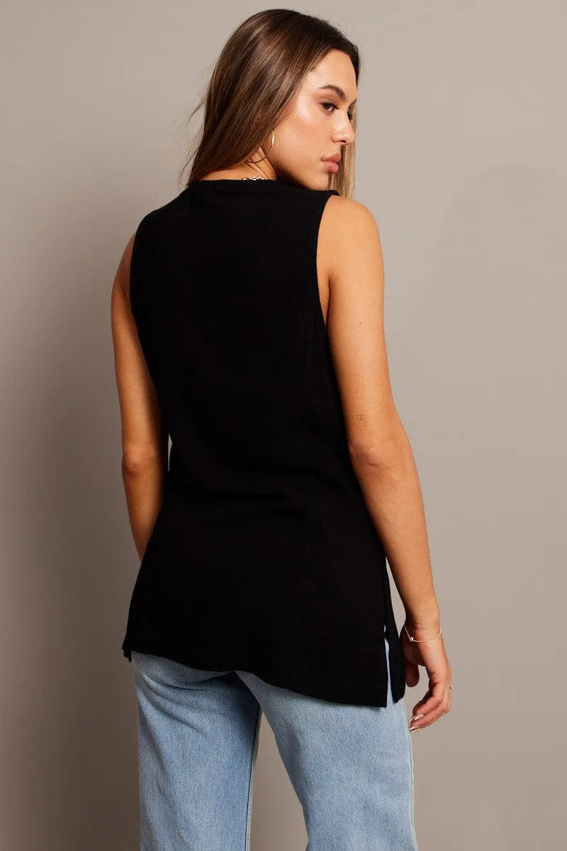Black Linen Vest Longline V neck
