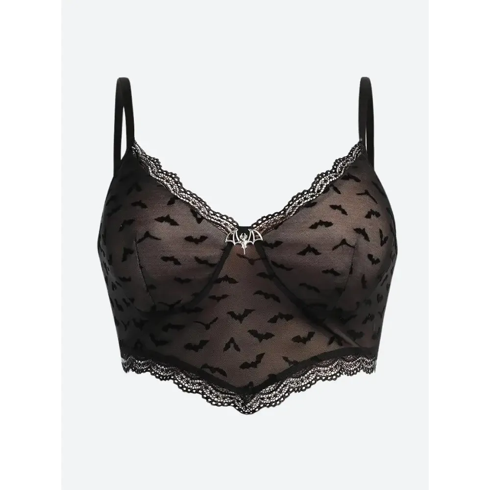 Black Mesh Bustier with Lace Trim and Bat Motifs for Y2K Style