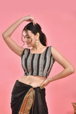 Black Sleeveless Striped Crop Top Blouse