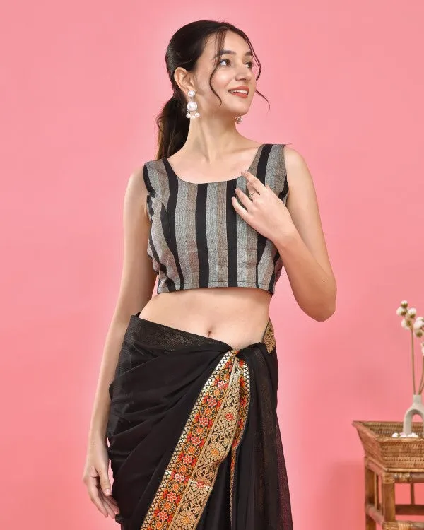 Black Sleeveless Striped Crop Top Blouse