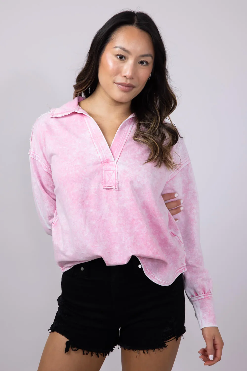 Blu Pepper Johnny Collar Mineral Wash Shirt for Women in Pink | CR2348-PINK