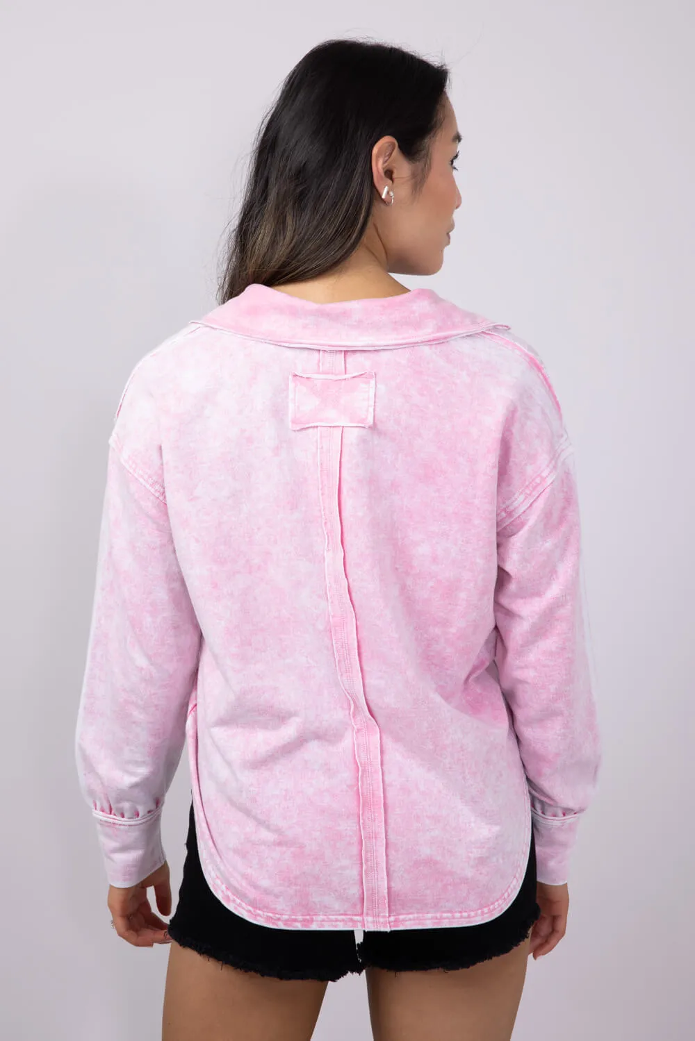 Blu Pepper Johnny Collar Mineral Wash Shirt for Women in Pink | CR2348-PINK
