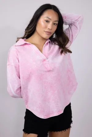 Blu Pepper Johnny Collar Mineral Wash Shirt for Women in Pink | CR2348-PINK