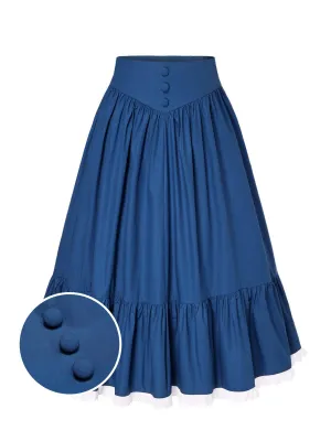 Blue 1940s Cotton Lace Hem Pleated Skirt