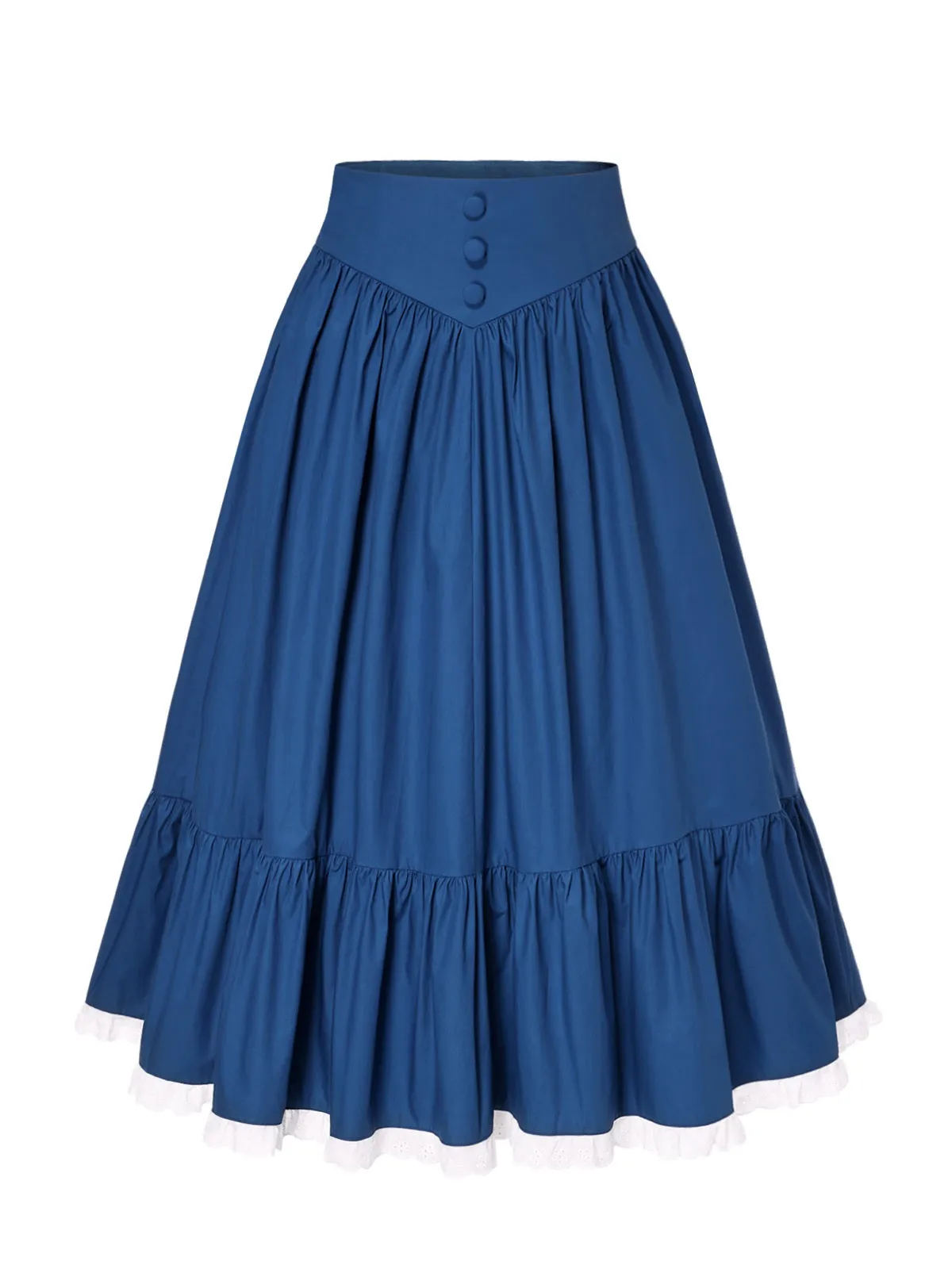 Blue 1940s Cotton Lace Hem Pleated Skirt