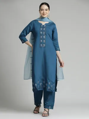 Blue Embroidered Chinon Kurta Set With Dupatta