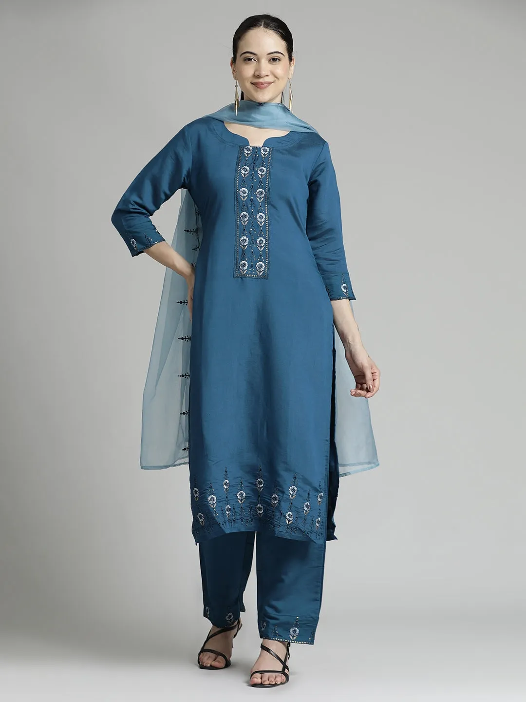 Blue Embroidered Chinon Kurta Set With Dupatta