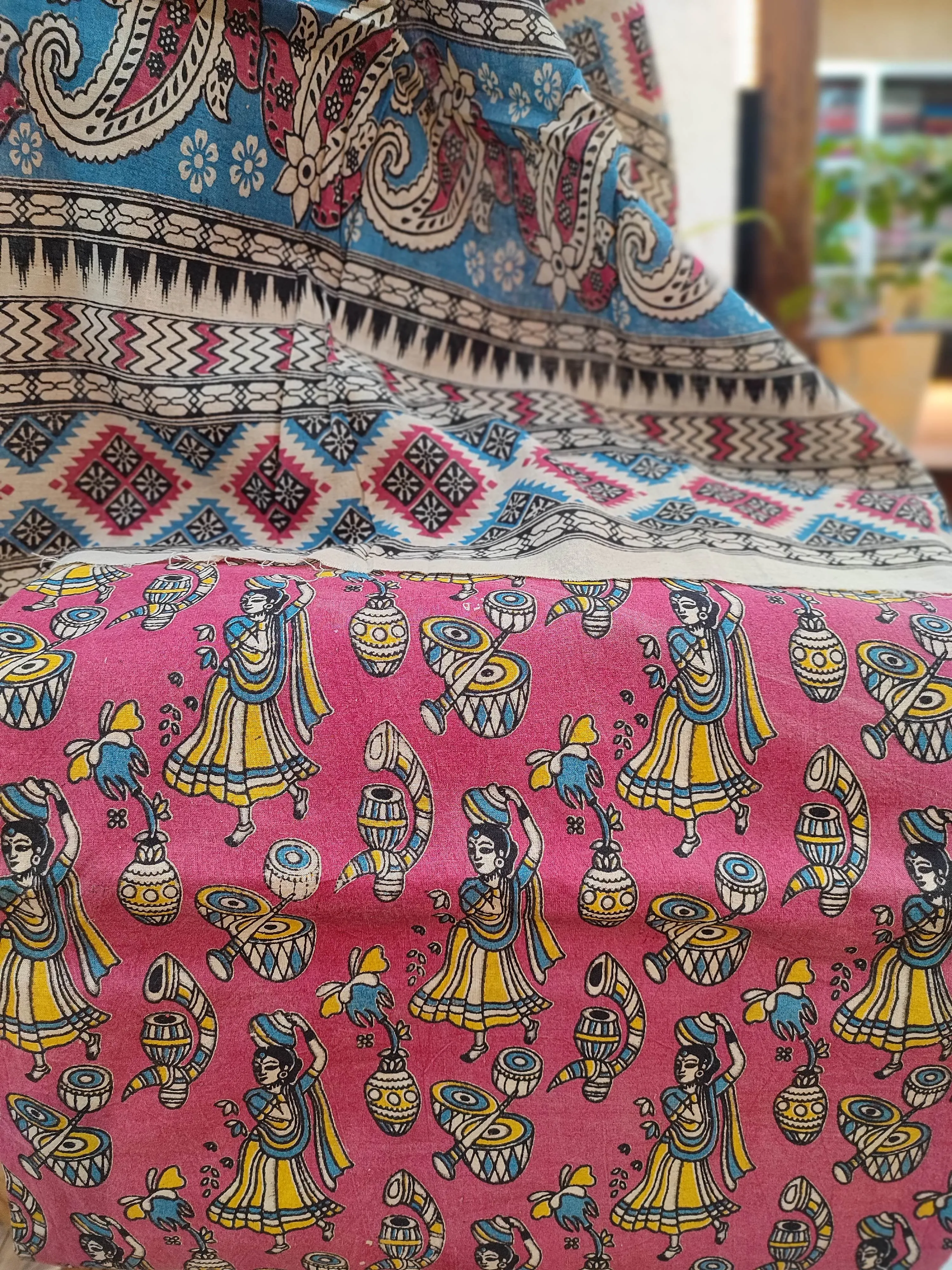 Blue Ikkat Suit with Pink Kalamkari Cotton Pant and Multicolor Dupatta