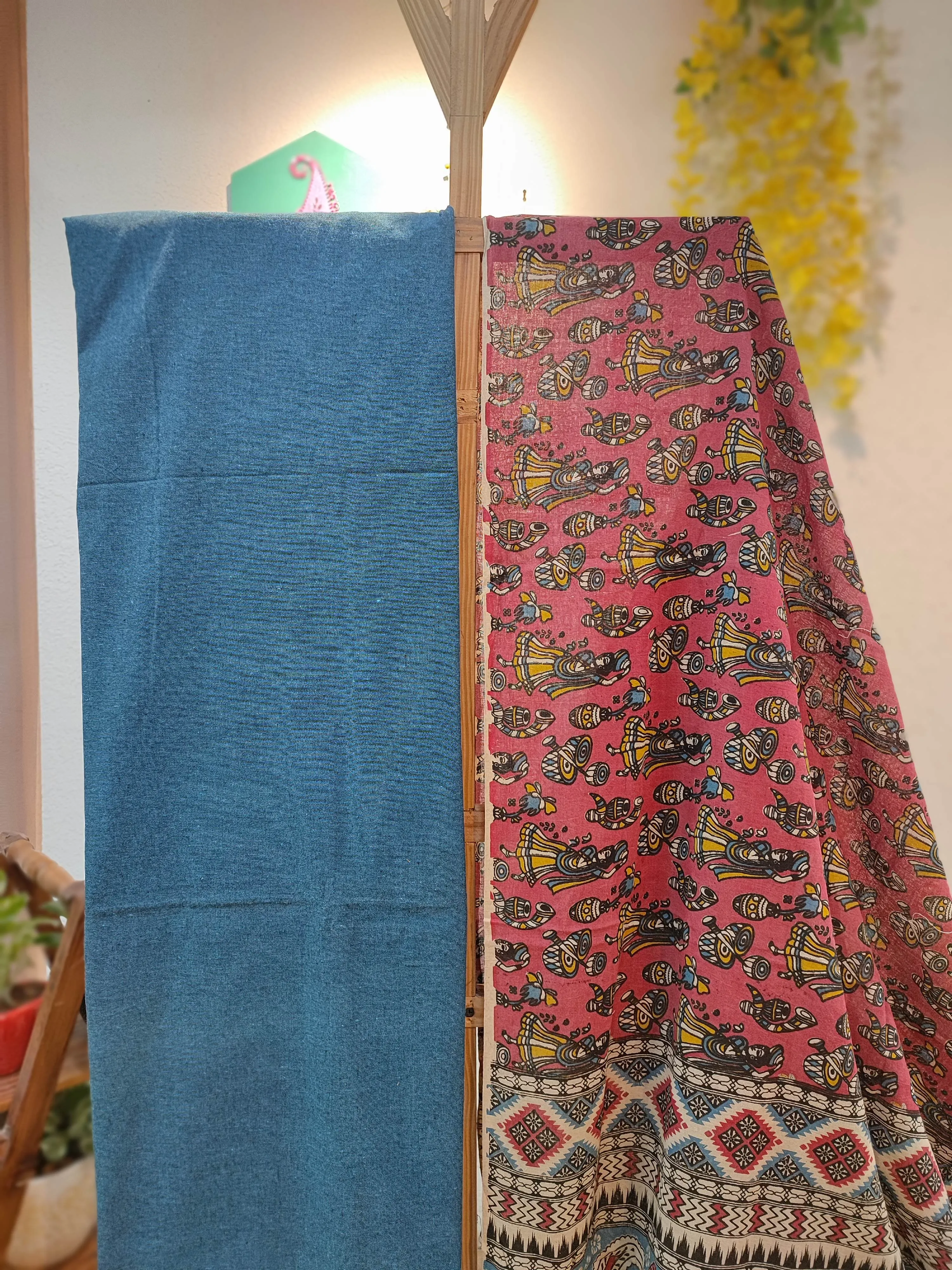 Blue Ikkat Suit with Pink Kalamkari Cotton Pant and Multicolor Dupatta