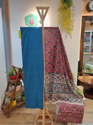 Blue Ikkat Suit with Pink Kalamkari Cotton Pant and Multicolor Dupatta