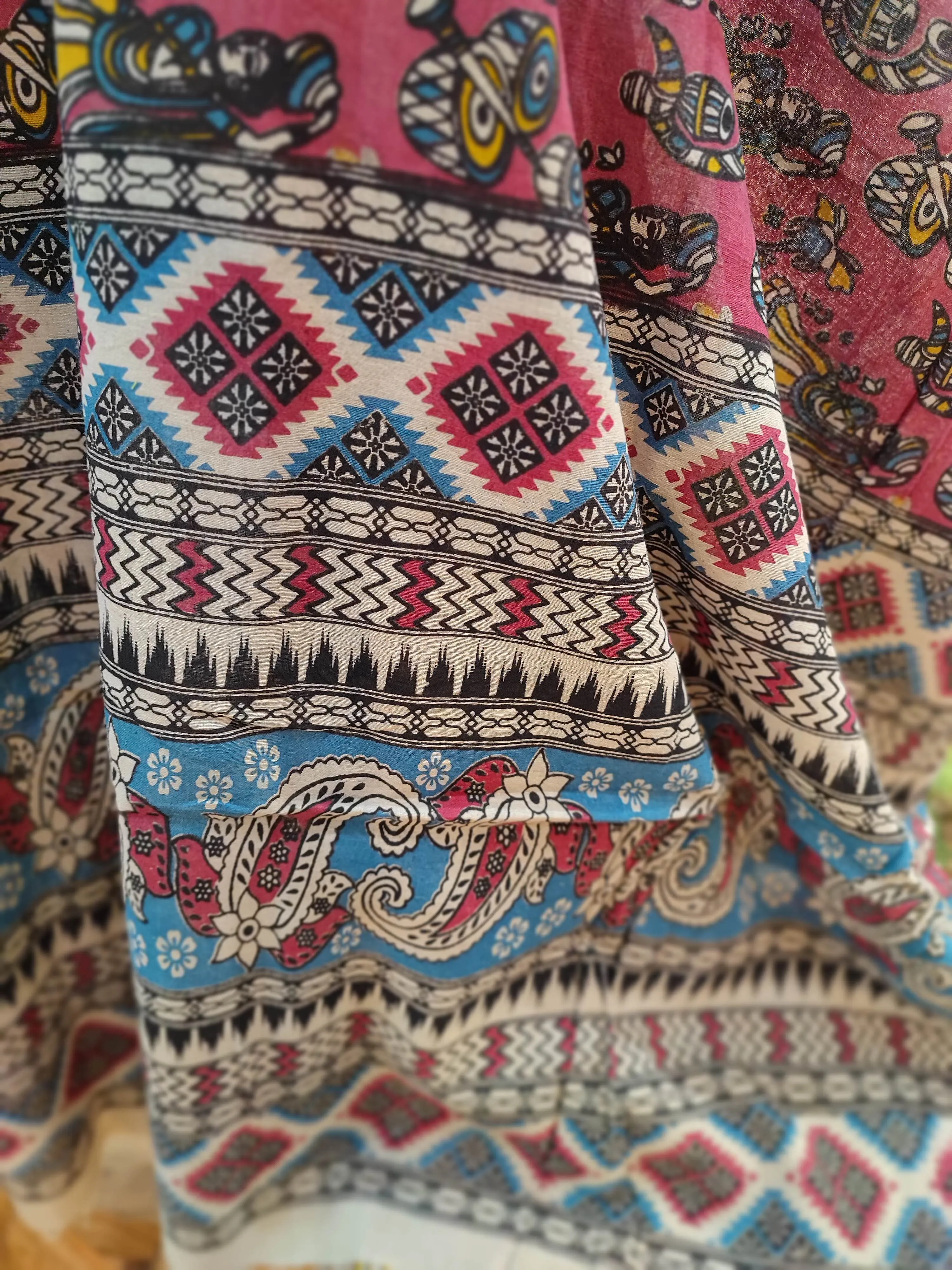 Blue Ikkat Suit with Pink Kalamkari Cotton Pant and Multicolor Dupatta