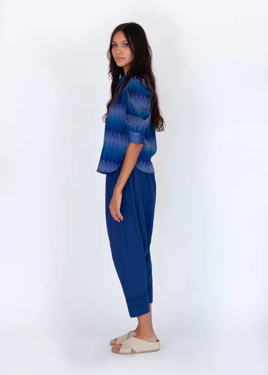 Blue Puff Sleeve Top in Ikat Print