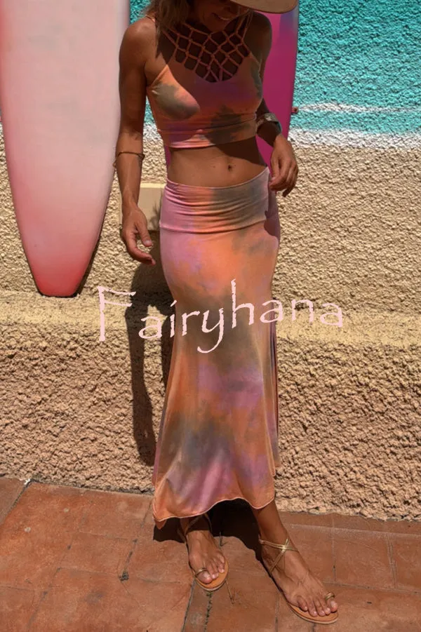 Boho Style Tie-dye Hollow Straps Neck Tank and High Rise Slit Stretch Maxi Skirt Set
