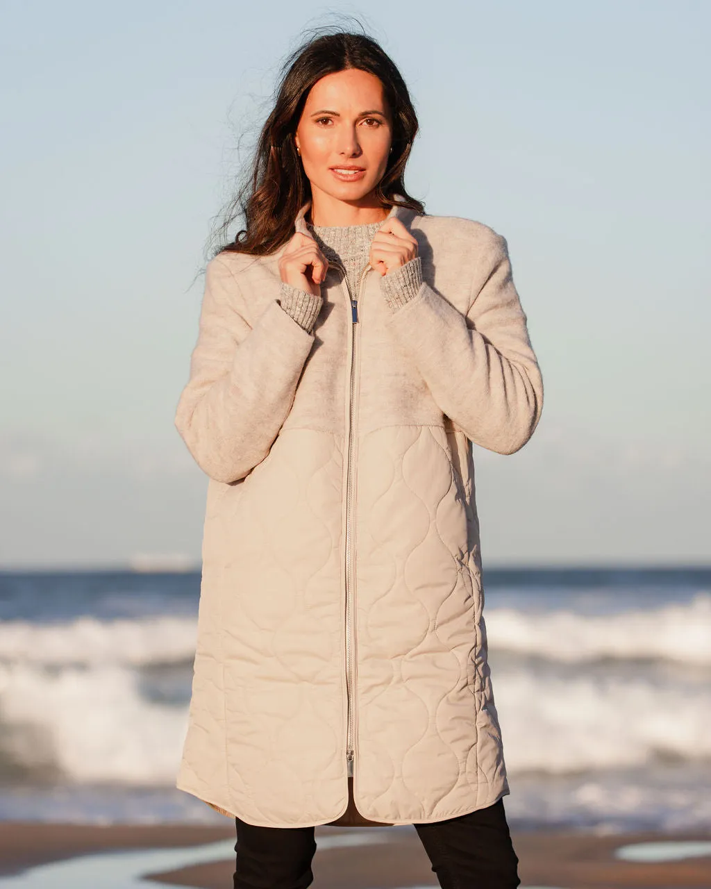 Boiled Wool Longline Quilted Coat - Natural