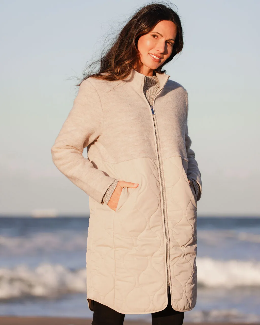 Boiled Wool Longline Quilted Coat - Natural