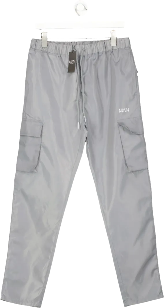 boohooMan Grey Elastic Waist Skinny Fit Cargo Trousers UK L