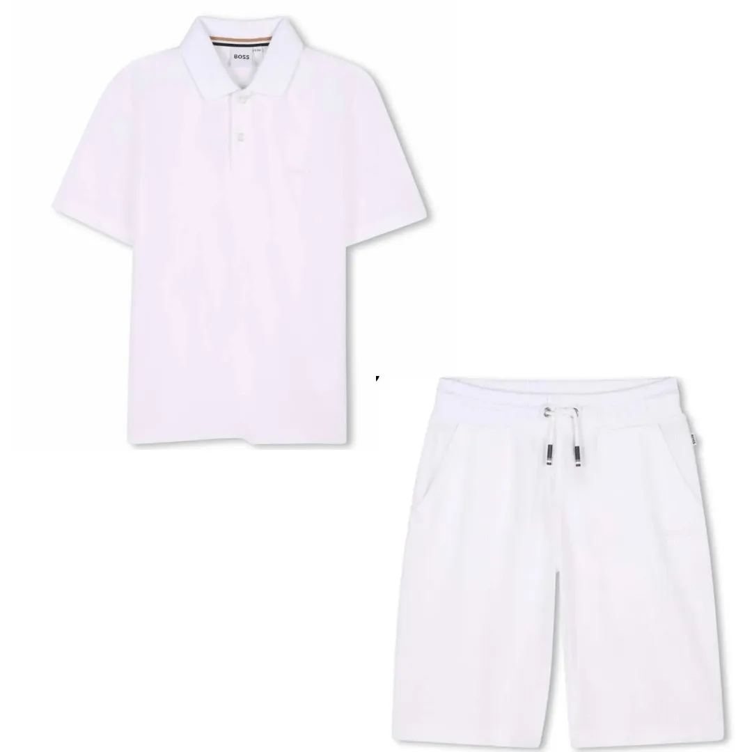 BOSS -   Mini Me Waffle Polo Shirt Short Set - White