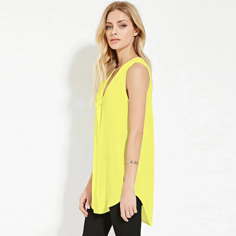 Boyfriend Style Long Plus Size 6XL Fashion Sleeveless V Neck Chiffon Women Blouses Tops Shirts XXXXL 5XL