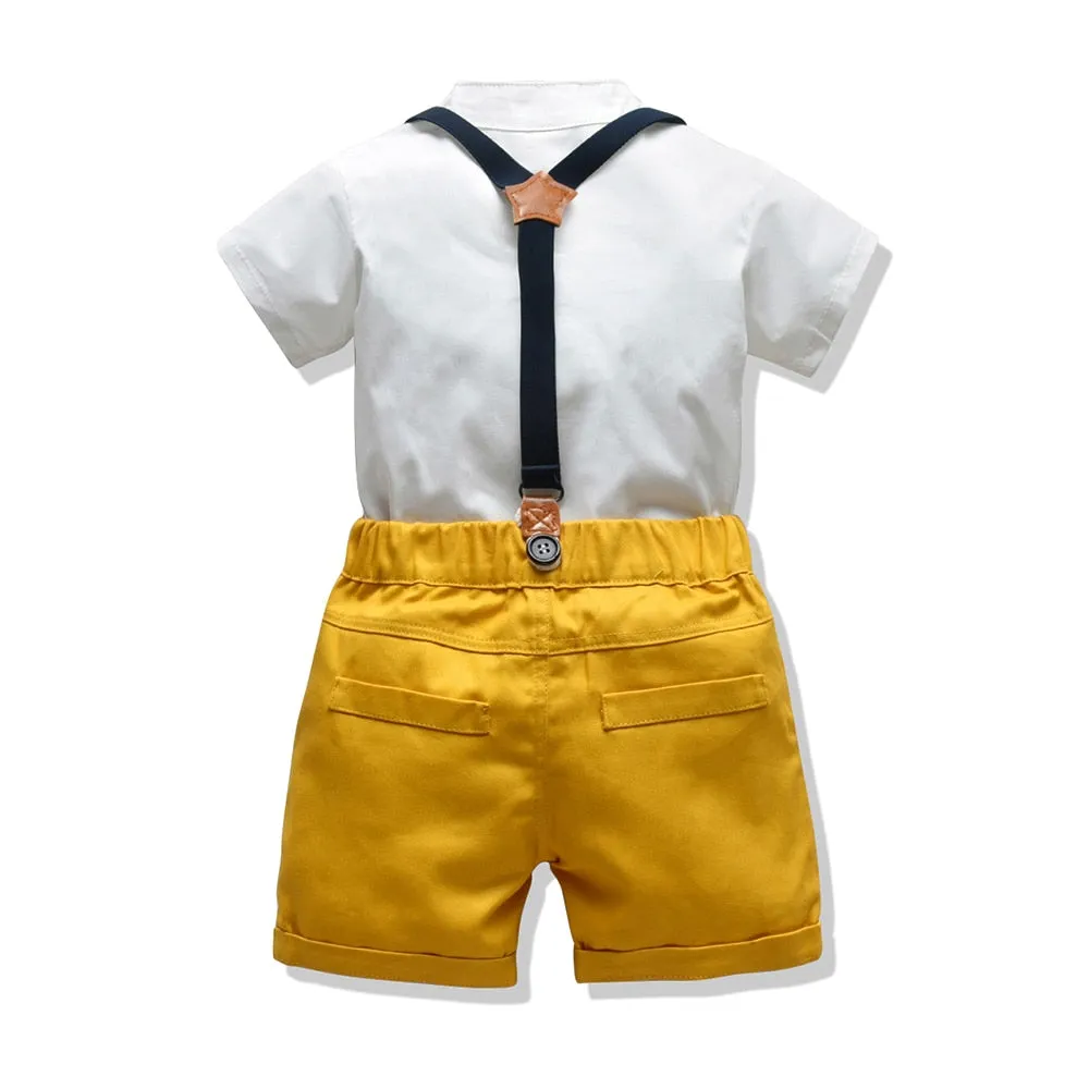 Boys 4PCS Gentleman Bowtie Formal Short Sleeve Overall Set With Suspender