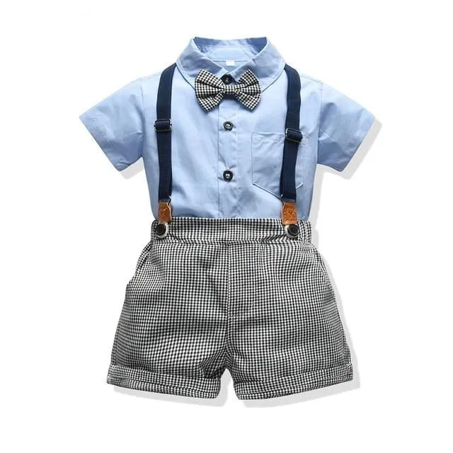 Boys 4PCS Gentleman Bowtie Formal Short Sleeve Overall Set With Suspender