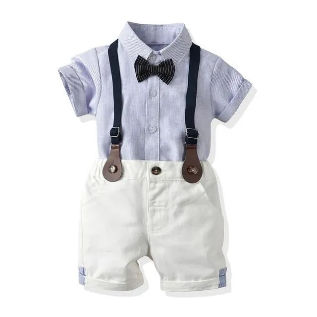 Boys 4PCS Gentleman Bowtie Formal Short Sleeve Overall Set With Suspender