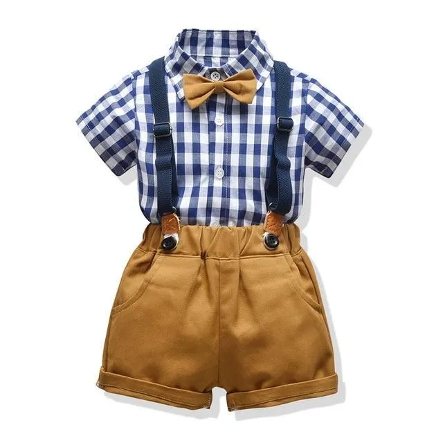 Boys 4PCS Gentleman Bowtie Formal Short Sleeve Overall Set With Suspender