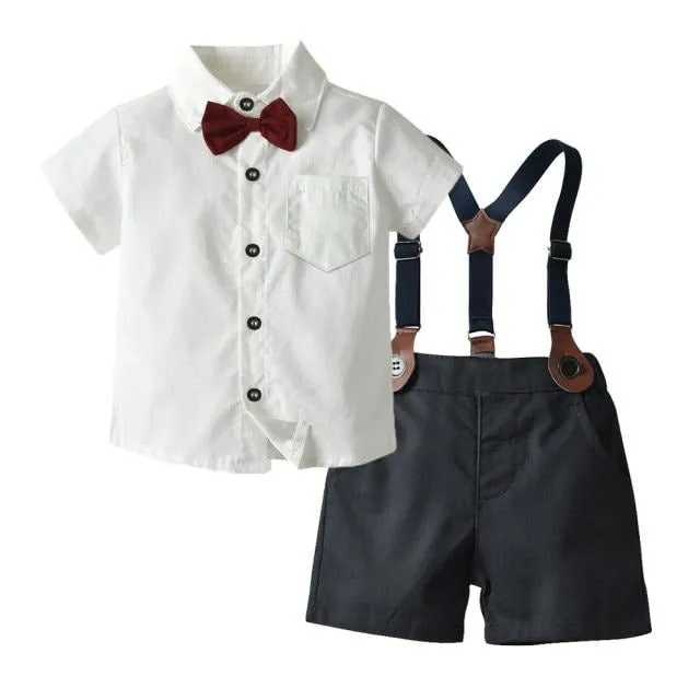 Boys 4PCS Gentleman Bowtie Formal Short Sleeve Overall Set With Suspender