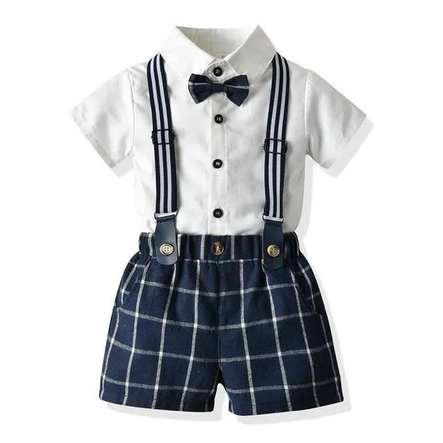 Boys 4PCS Gentleman Bowtie Formal Short Sleeve Overall Set With Suspender