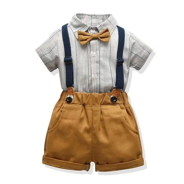 Boys 4PCS Gentleman Bowtie Formal Short Sleeve Overall Set With Suspender