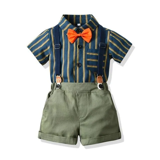 Boys 4PCS Gentleman Bowtie Formal Short Sleeve Overall Set With Suspender