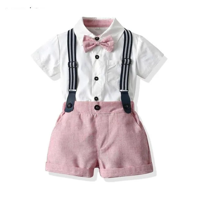 Boys 4PCS Gentleman Bowtie Formal Short Sleeve Overall Set With Suspender