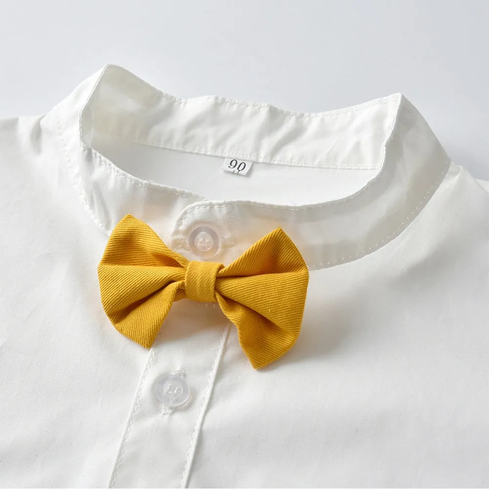Boys 4PCS Gentleman Bowtie Formal Short Sleeve Overall Set With Suspender