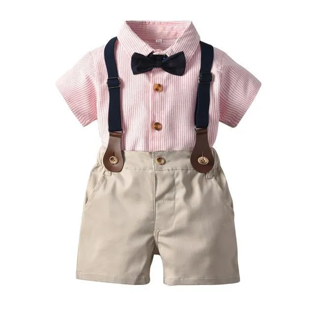 Boys 4PCS Gentleman Bowtie Formal Short Sleeve Overall Set With Suspender