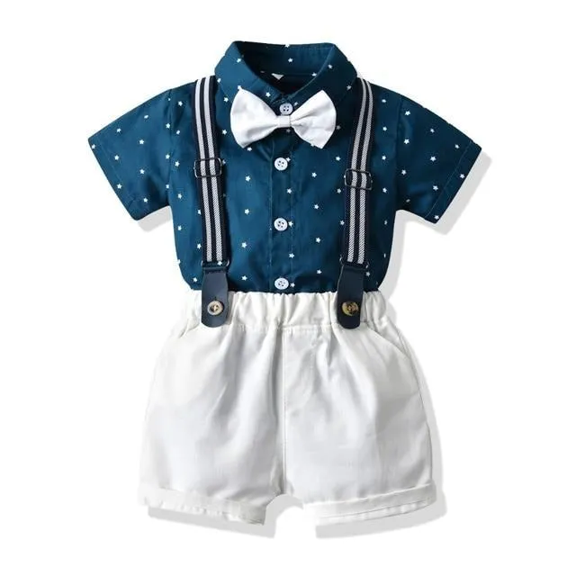 Boys 4PCS Gentleman Bowtie Formal Short Sleeve Overall Set With Suspender