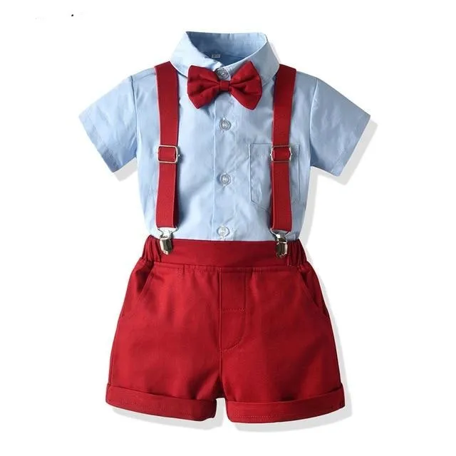 Boys 4PCS Gentleman Bowtie Formal Short Sleeve Overall Set With Suspender