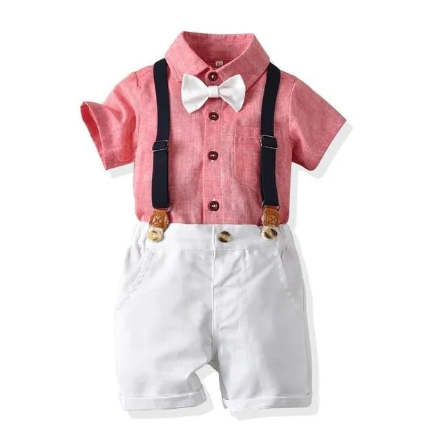 Boys 4PCS Gentleman Bowtie Formal Short Sleeve Overall Set With Suspender