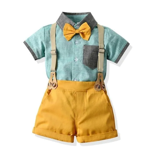 Boys 4PCS Gentleman Bowtie Formal Short Sleeve Overall Set With Suspender
